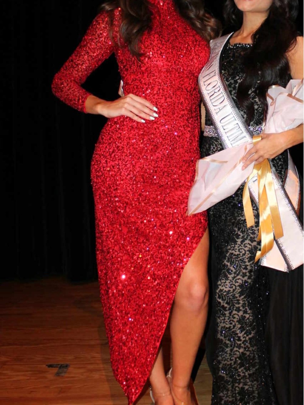Red Sequin Long Sleeve High-Slit Evening Dress